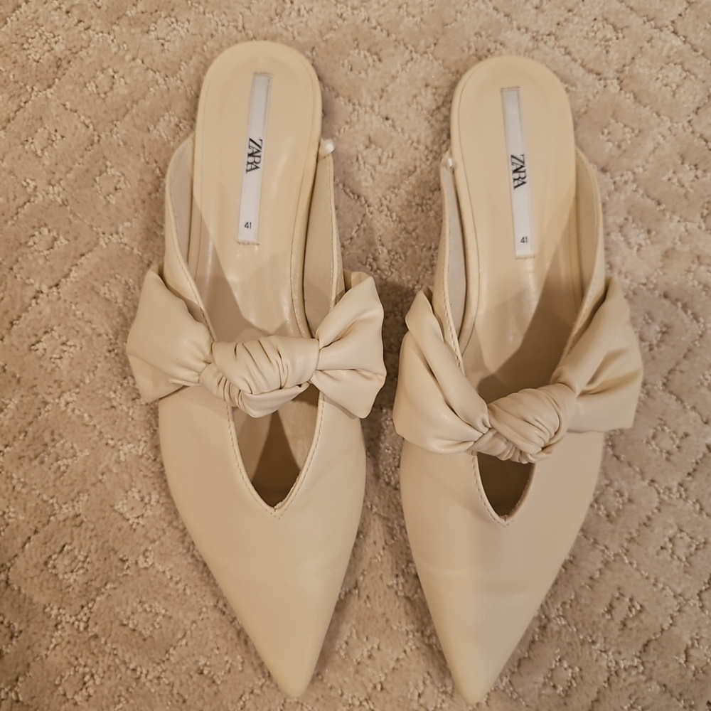 Zara Cream Bow Slide Flats
